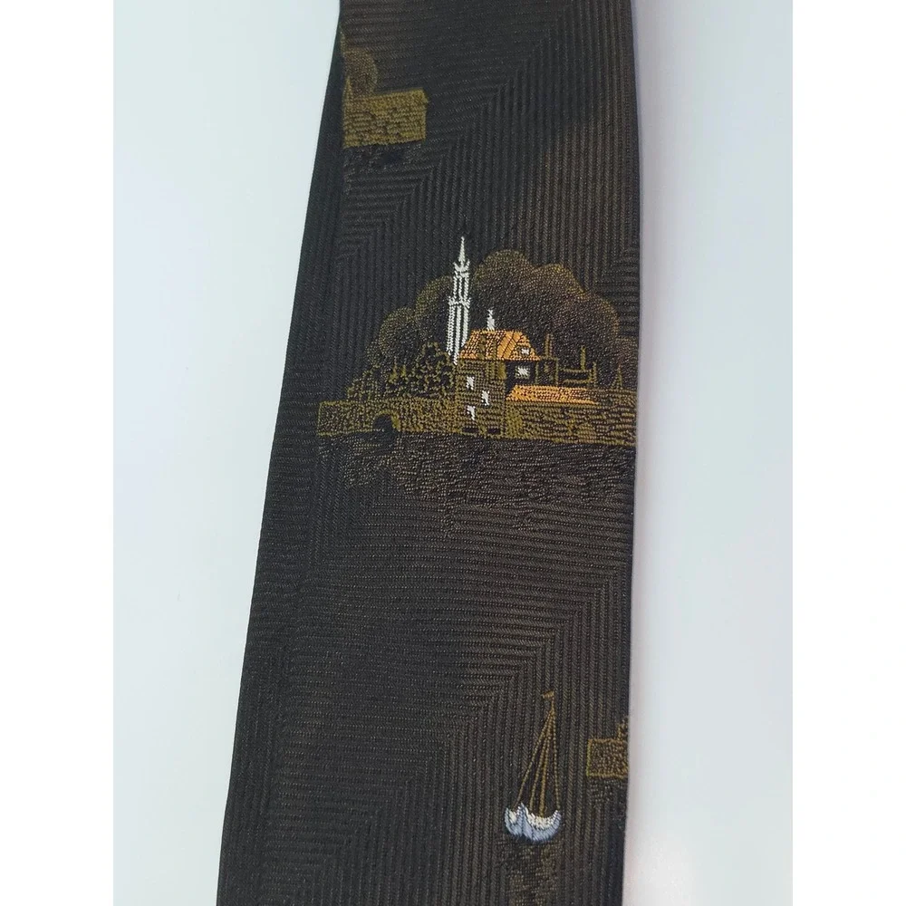 Metcalf Vintage Mens Brown Silk Scenic Embroidered Skinny Necktie 2 Inch Width